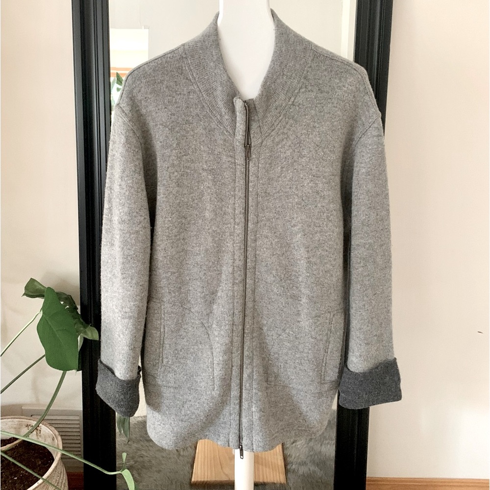 Gray Italian Wool Blend Annabel Tricot Long Sleeve Zip Down Cardigan Sweater